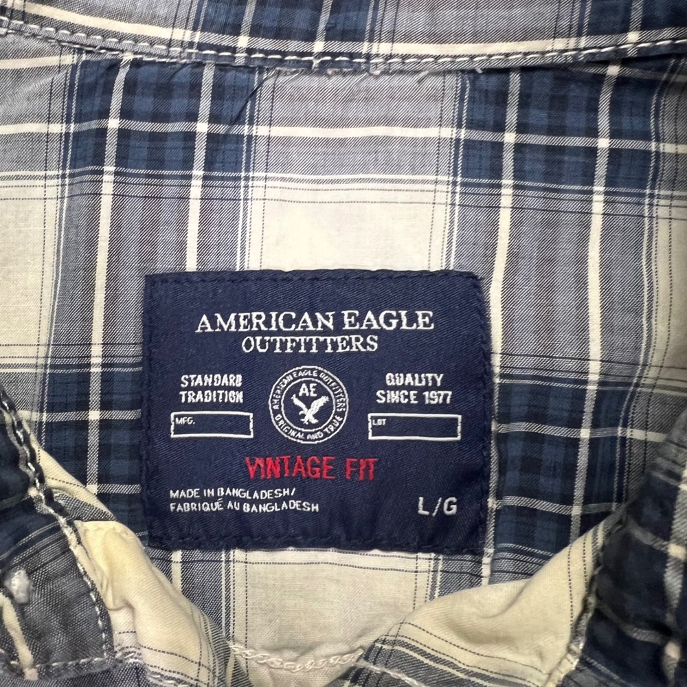 American Eagle Western Shirt Mens‎ Blue Plaid Pearl Snap Vintage Fit Long Sleeve - Picture 2 of 6